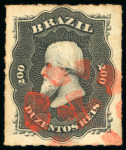 Stamp of Brazil » 1866-83 Dom Pedro » 1876 Roulette "Black Beard" Issue 1876, 200r black, selection of eight stamps with coloured cancellations