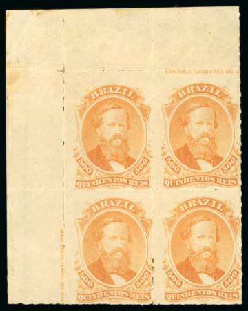 Stamp of Brazil » 1866-83 Dom Pedro » 1876 Roulette "Black Beard" Issue 1876, 500r orange, the upper left corner-sheet block of four mint