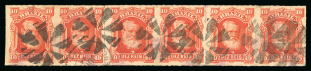 Stamp of Brazil » 1866-83 Dom Pedro » 1877-78 Roulette "White Beard" Issue 1877, 10r vermilion, strip of six in radiant shade, used