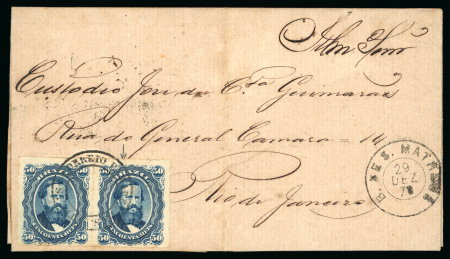 Stamp of Brazil » 1866-83 Dom Pedro » 1876 Roulette "Black Beard" Issue 1876, 50r blue, pair with plate scratch on 28.12.1879 single weight entire letter