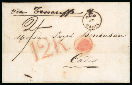 Stamp of Brazil 1853 (Feb 15) Folded cover with very fine "Paid/At/Bahia" crowned circle