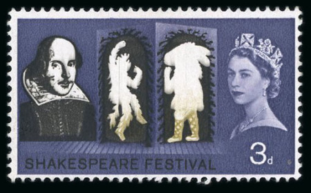 Stamp of Great Britain » Queen Elizabeth II 1964 Shakespeare Festival 3d mint nh, on chalked paper,  yellow-bistre missing, 