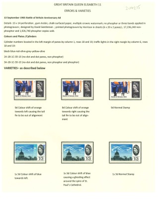 Stamp of Great Britain » Queen Elizabeth II Album page study of the 1965 Battle of Britain 9d (3) and 1/3d shifted colours