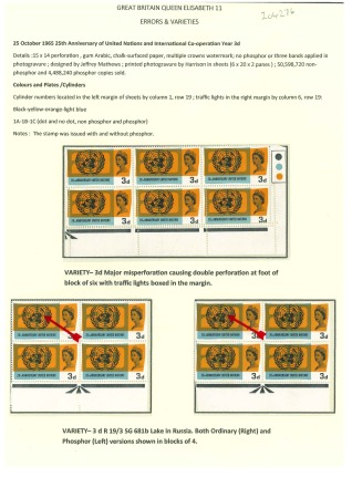 Stamp of Great Britain » Queen Elizabeth II 1965 25th Anniversary of the United Nations 3d three blocks with varieties on page