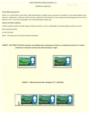 Stamp of Great Britain » Queen Elizabeth II An album page study of the 1966 Landscapes 6d,dry printing error omitted words