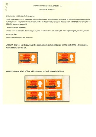 Stamp of Great Britain » Queen Elizabeth II An album page 1966 British Technology Jaguar and mini cars 6d phosphor both sides