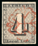 Stamp of Switzerland / Schweiz » Kantonalmarken » Zürich 1843, 4 Rp. schwarz mit senkrechten Unterdrucklinien, gestempelt