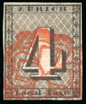 Stamp of Switzerland / Schweiz » Kantonalmarken » Zürich 1843, 4 Rp. schwarz mit waagrechten Untergrundslinien, Type V