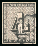 Stamp of Switzerland / Schweiz » Kantonalmarken » Zürich 1843, 4 Rp. schwarz, senkrechte Untergrundlinien, gestempelt