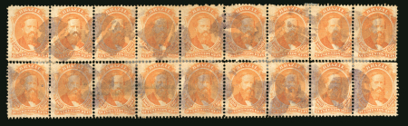 Stamp of Brazil » 1866-83 Dom Pedro » 1866 "Black Beard" Issue 1866, 500r orange, two strips of nine rejoined as a horizontal block of 18 used