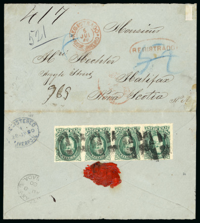 Stamp of Brazil » 1866-83 Dom Pedro » 1876 Roulette "Black Beard" Issue 1877, 100r green, strip of four on registered cover to Nova Scotia