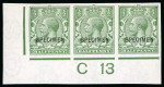 Stamp of Great Britain » King George V » 1912-24 Profile Head Issues 1912-24, 1/2d green imperf. in mint lower left corner "C 13" control strip of three with "SPECIMEN" type 26 overprint