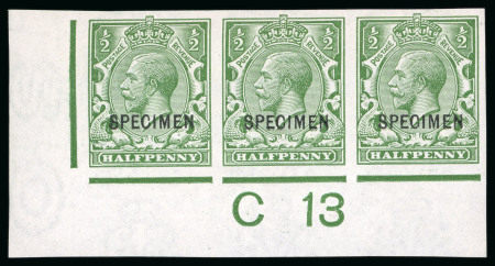 Stamp of Great Britain » King George V » 1912-24 Profile Head Issues 1912-24, 1/2d green imperf. in mint lower left corner "C 13" control strip of three with "SPECIMEN" type 26 overprint