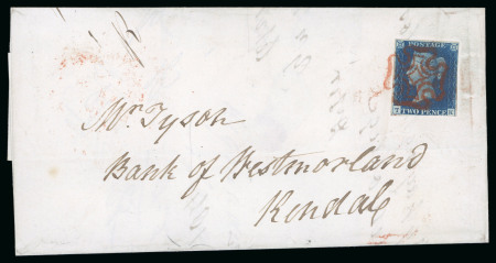 Stamp of Great Britain » 1840 2d Blue (ordered by plate number) 1840, 2d blue pl.2 TK, just cut into at foot otherwise clear margins, tied to 1841 (Jan 4) wrapper from Kirby Lonsdale to Kendal