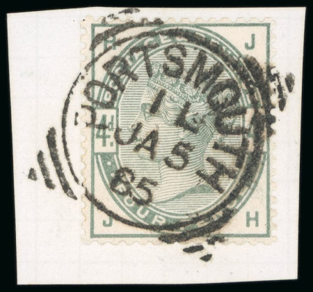 Stamp of Great Britain » 1855-1900 Surface Printed » 1883-84 Lilac & Green Issue 1884 4d dull green JH tied top small piece of De La Rue archive page by crisp Portsmouth "IL" JA 5 85 squared circle trial cancellation
