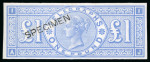 Stamp of Great Britain » Telegraphs 1877 £1 Telegraph imperf. colour trial in pale ultramarine with "SPECIMEN" type 8 handstamp