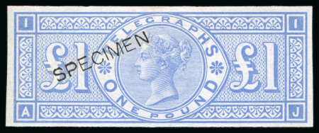 Stamp of Great Britain » Telegraphs 1877 £1 Telegraph imperf. colour trial in pale ultramarine with "SPECIMEN" type 8 handstamp
