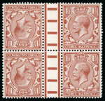 Stamp of Great Britain » King George V » 1924-36 Issues 1924, 1 1/2d red-brown mint tête-bêche gutter block of four