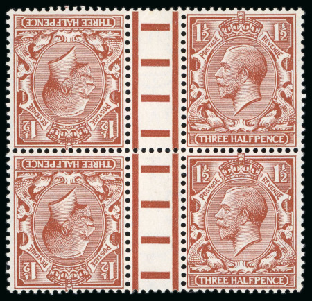 Stamp of Great Britain » King George V » 1924-36 Issues 1924, 1 1/2d red-brown mint tête-bêche gutter block of four