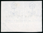 Stamp of Great Britain » 1855-1900 Surface Printed » 1867-80 Large Uncoloured Corner Letters, Wmk Spray of Rose 1867-83 2s blue pl.1 imperf. corner marginal pair with "SPECIMEN" type 6 hs