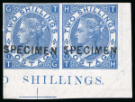 Stamp of Great Britain » 1855-1900 Surface Printed » 1867-80 Large Uncoloured Corner Letters, Wmk Spray of Rose 1867-83 2s blue pl.1 imperf. corner marginal pair with "SPECIMEN" type 6 hs