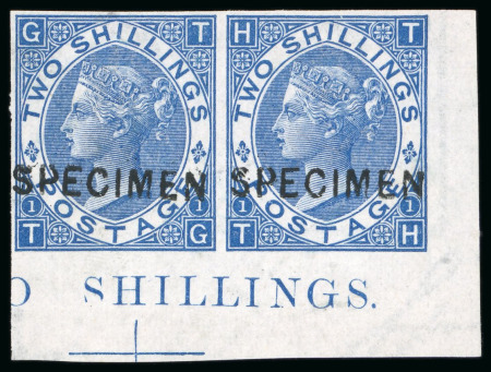 Stamp of Great Britain » 1855-1900 Surface Printed » 1867-80 Large Uncoloured Corner Letters, Wmk Spray of Rose 1867-83 2s blue pl.1 imperf. corner marginal pair with "SPECIMEN" type 6 hs