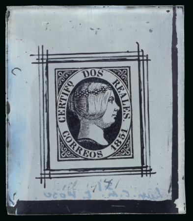Stamp of Spain Spain - 1851 2r Queen Isabella II, glass support cliché