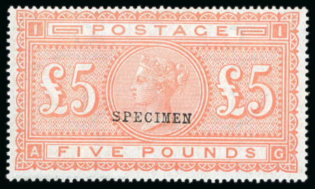 Stamp of Great Britain » 1855-1900 Surface Printed » 1867-83 High Values 1882 £5 Orange, AG, Pl.1, a superb unused example