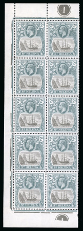 Stamp of St. Helena 1922-37 2d grey & slate showing varieties "broken mainmast" and "cleft rock" in mint n.h. left part sheet marginal block of 10