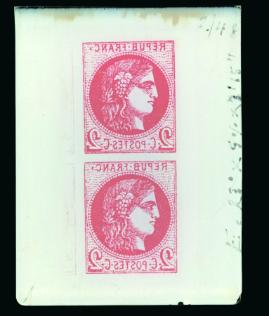 Stamp of France France – Bordeaux Issue 2c in vertical pair, glass support cliché with reversed image in vermilion, with dating “2/48” and technical specifications along the right side that details light exposure, temperature and