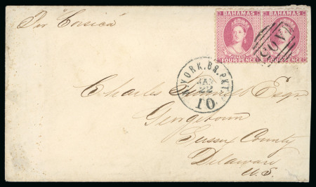 Stamp of Bahamas 1864 (Jan 18) Envelope to Delaware, USA, with 1863-77 perf.12 1/2 4d bright rose pair