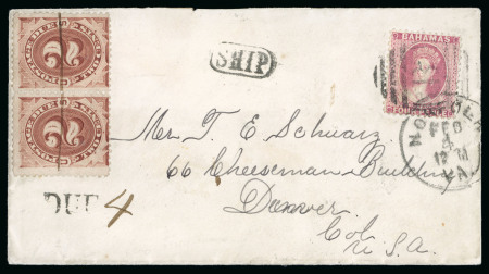Stamp of Bahamas 1884 (Jan 29) envelope to the USA with 1882 4d rose perf.12 tied by "B" barred oval, underpaid with US postage dues