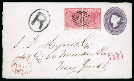 Stamp of Bahamas 1891 (Mar 16) 4d postal stationery envelope (H&G 1) sent registered to the USA
