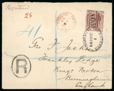 Stamp of Bahamas 1893 (Dec 15) envelope sent registered to England with 1884-90 £1 Venetian red