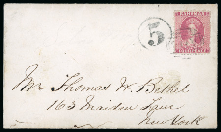 Stamp of Bahamas 1867 (Oct 21) envelope to New York, USA, with 1863-77 4d dull rose perf.12 1/2