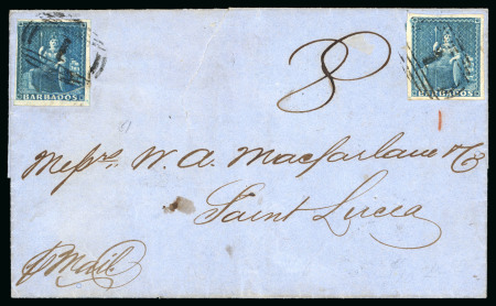 Stamp of Barbados 1857 (Nov 11) wrapper from Bridgetown to St. Lucia, with two 1855-58 (1d) deep blue