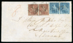 Stamp of Barbados 1860 (Jun 19) envelope from Bridgetown to British Guiana, with 1852-55 (4d) brownish red pair  and 1858 1d pale blue pin perf. pair