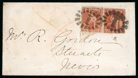 Stamp of Barbados 1871 (Jun 25) envelope to Nevis with two 1870-71 Wmk large star 6d orange-vermilion