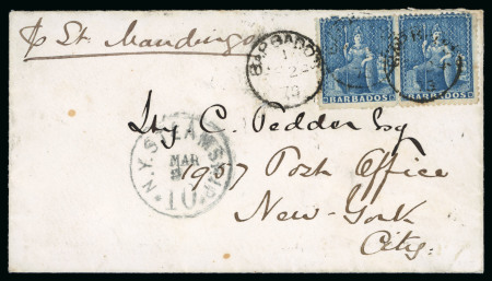 Stamp of Barbados 1873 (Feb 24) envelope to the USA with 1872 wmk small star (1d) blue pair, carried by private ship