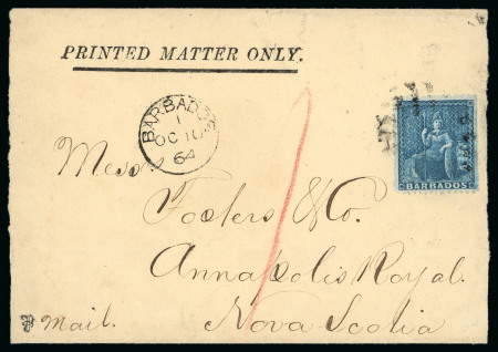 Stamp of Barbados 1864 (Oct 10) printed matter wrapper sent to Nova Scotia with 1861-70 1d
