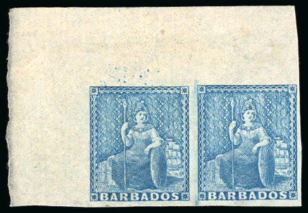 Stamp of Barbados 1855-58 White paper (1d) pale blue mint pair and deep blue mint block of four