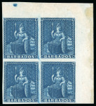 Stamp of Barbados 1855-58 White paper (1d) pale blue mint pair and deep blue mint block of four