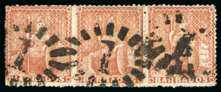 Stamp of Barbados 1861-70 No wmk 4d dull brown-red strip of three with "1" oval numeral cancels