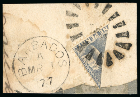 Stamp of Barbados 1875-81 Wmk CC 1d dull blue diagonally bisected tied to small piece