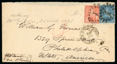 Stamp of Barbados 1871 (Mar 30) envelope to the USA with 1861-70 (4d) dull vermilion and 1871 (1d) blue tied by "1" oval numeral