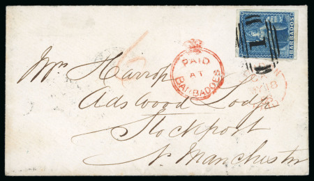 Stamp of Barbados 1858 (Apr 28) envelope to England with 1855-58 white paper (1d) pale blue and crowned circle