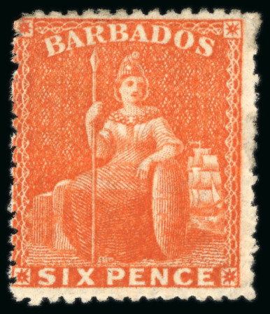 Stamp of Barbados 1873 wmk large star 6d orange-vermilion clean cut perf.14 1/2 to 15 1/2, mint o.g.