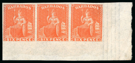 Stamp of Barbados 1873 Wmk large star 6d orange-vermilion imperf. strip of three
