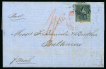 Stamp of Barbados 1855 (May 28) entire to Baltimore, USA, with 1852-55 blued paper (1d) deep blue