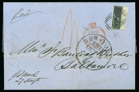Stamp of Barbados 1854 (Aug 27) entire to Baltimore, USA, with 1852-55 blued paper (2d) greyish slate vertical bisect